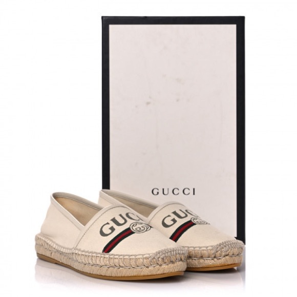 GUCCI Authentic Canvas Logo Espadrilles Sz 40 Greggio White - Picture 1 of 11
